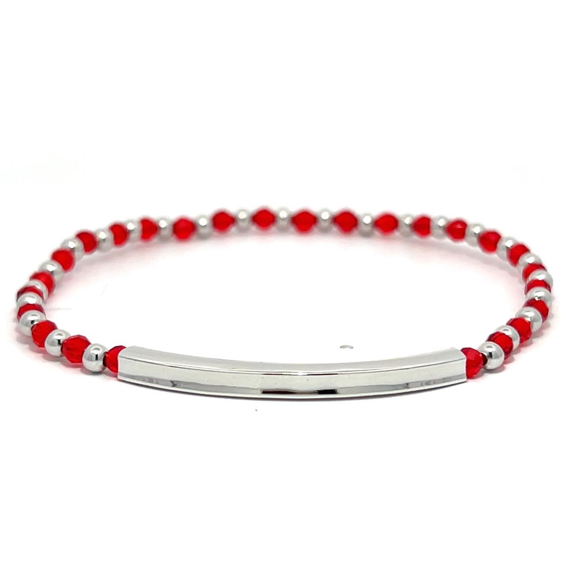 PULSERA BLANCO IDENTIDAD BOLITAS Y CRISTAL ROJO ELASTIZADA