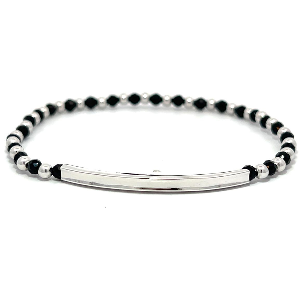 PULSERA BLANCO IDENTIDAD BOLITAS Y CRISTAL NEGRO ELASTIZADA