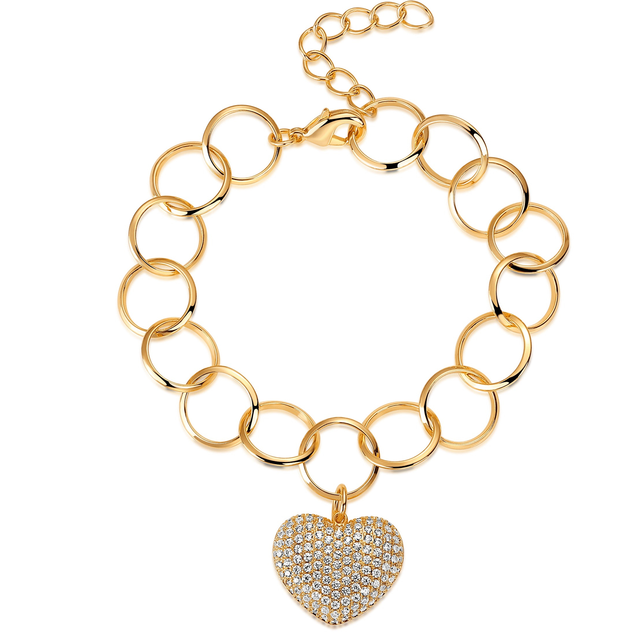 PULSERA DORADO ESLABONES REDONDOS CON CORAZON PAVE 17+4CM