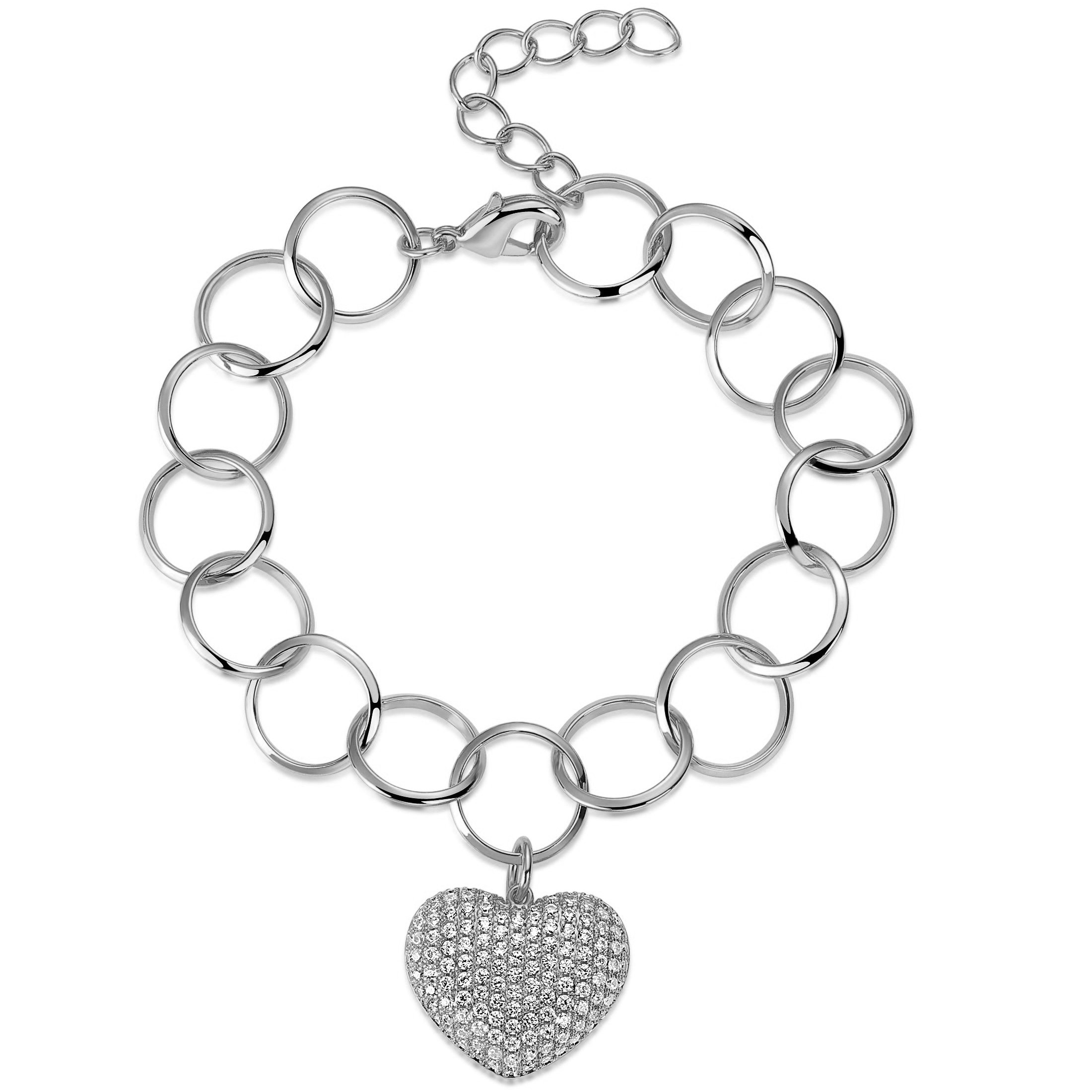 PULSERA BLANCA ESLABONES REDONDOS CON CORAZON PAVE 17+4CM