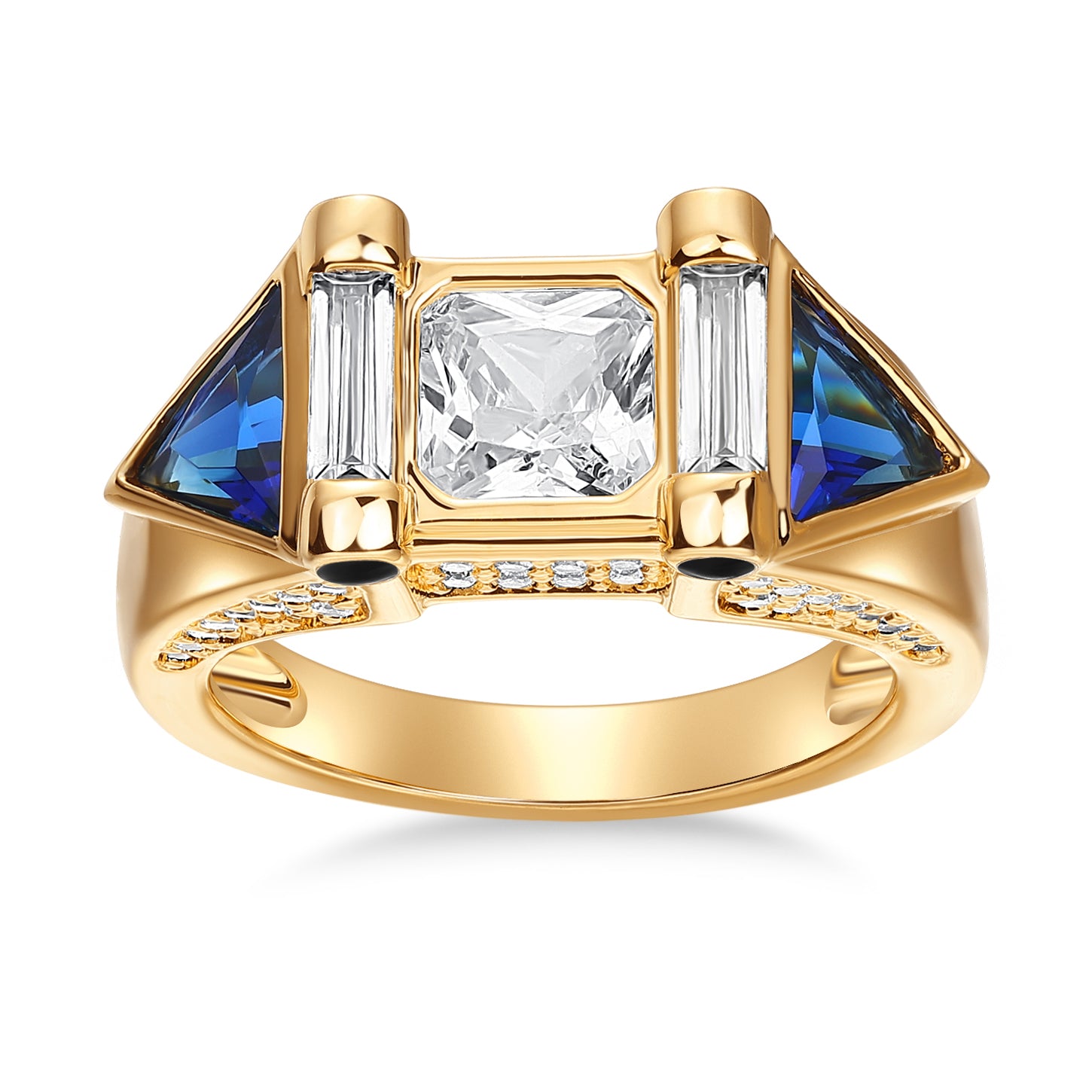 ANILLO DORADO CENTRO PIEDRA CARRE, TRIANGULOS ZAFIROS Y PAVE EN CANTO
