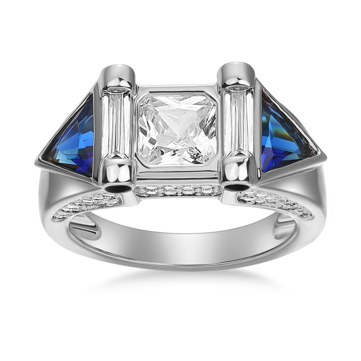 ANILLO BLANCO CENTRO PIEDRA CARRE, TRIANGULOS ZAFIROS Y PAVE EN CANTO