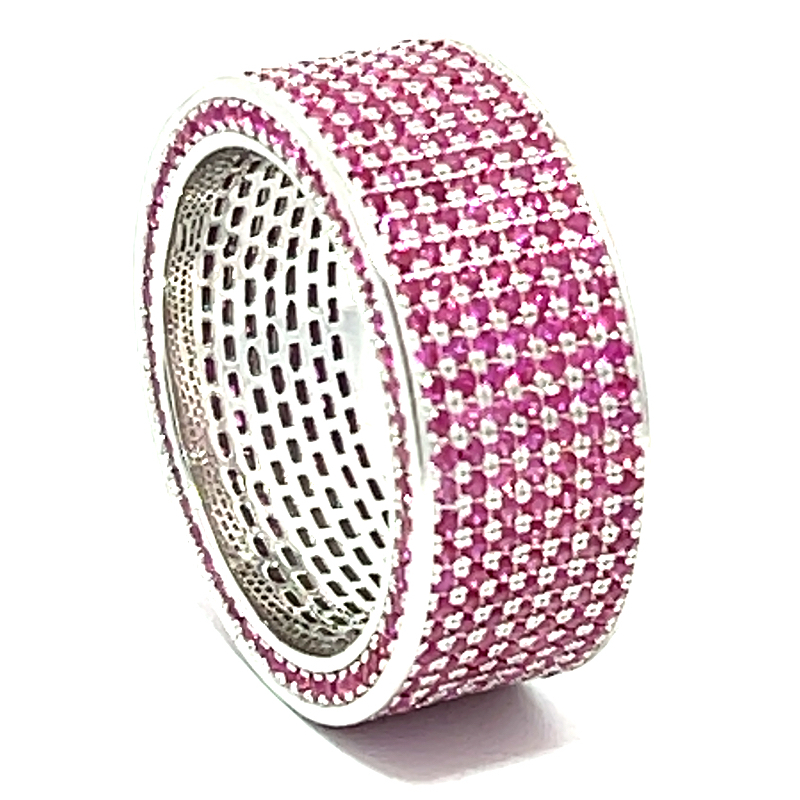 ANILLO BLANCO CINTA PAVE FRENTE Y CANTO PIEDRAS ROJAS PREMIUM