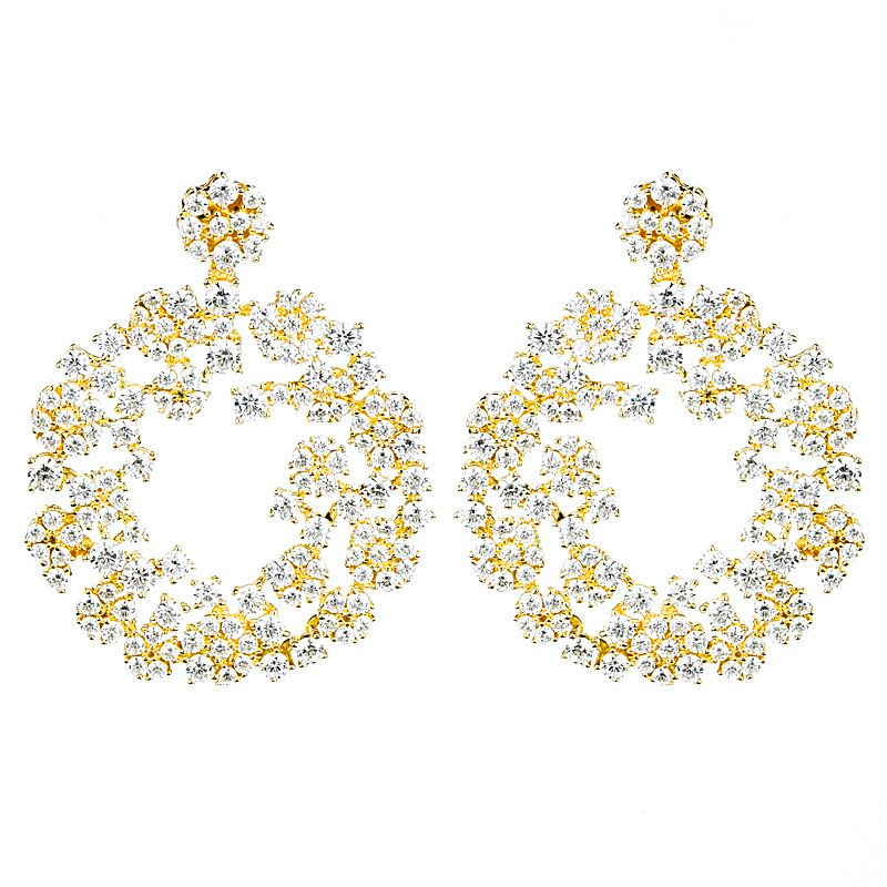 PAR AROS AMARILLO ROSETA CUBIC CIRCULO GRANDE CALADO CON PIEDRAS