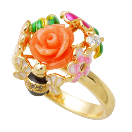 rosa mariposas flores esmalte amarillo anillo