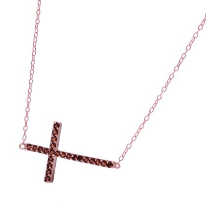 Conjunto cruz sobre cadena, Piedras rojas, rosado