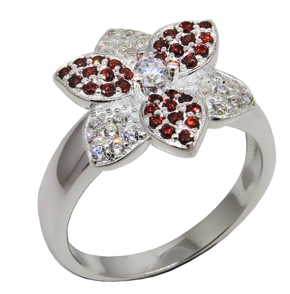 anillo flor con piedras blancas y rojas