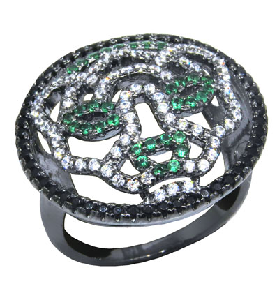 anillo pantera rodio negro con piedras blancas y verdes
