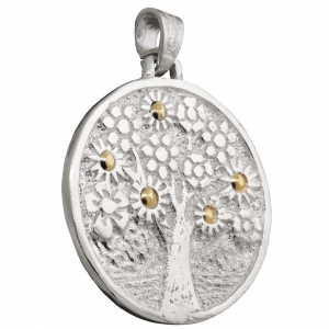 Medalla redonda árbol de la vida, flores, con double.  3,8 cm