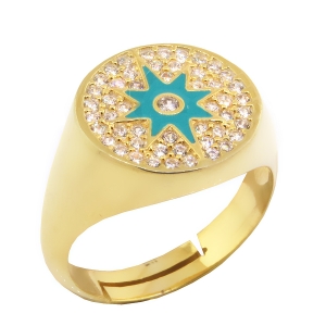 Anillo amarillo, redondo pavee, estrella, esmalte turquesa