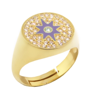 Anillo amarillo, redondo pavee, estrella, esmalte lila