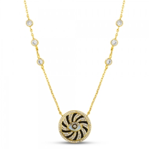 Conjunto medalla ojito amarillo, con esmalte negro y piedras blancas en cadena