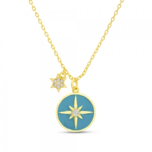 Conjunto medallita esmalte turquesa, estrellas, piedras, amarillo
