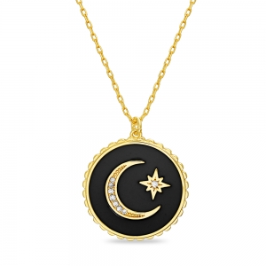 Conjunto medallita esmalte negro, luna y estrella, amarilla