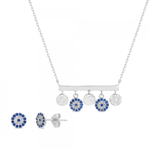 Conjunto barrita con ojitos y medallitas colgantes., y par aros, con piedras azules y blancas