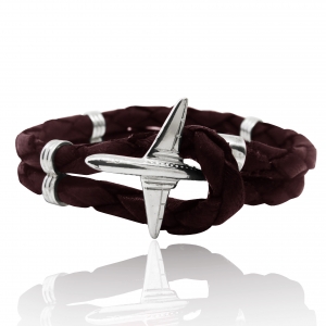 Pulsera doble cuero trenzado marron, con trabas y cierre dije avion