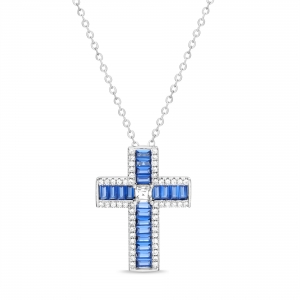 Conjunto cruz de piedras baguettes azules y piedras blancas