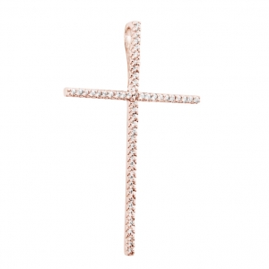 Colgante cruz premium, rosada, con piedras blancas
