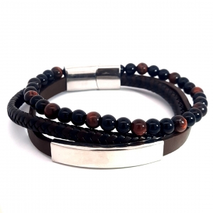 PULSERA ACERO TRIPLE CUERO LISO ACERO, TRENZADO Y BOLITAS MARRON