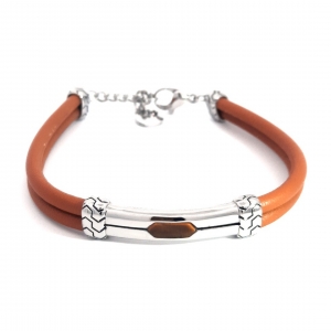 PULSERA ACERO CUERO DOBLE MARRON CHAPA PASANTE