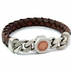 PULSERA ACERO CUERO TRENZADO MARRON CADENA ACERO CENTRO INDIO