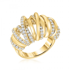 ANILLO LINEA PREMIUM, DORADO MULTI TIRAS BOMBE PULIDO Y PIEDRAS