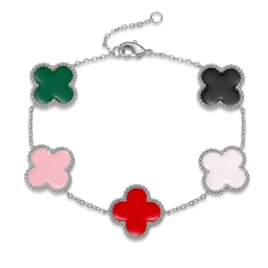 PULSERA BLANCA TREBOL NEGRO, BLANCO, ROJO, ROSA, VERDE 17+4CM