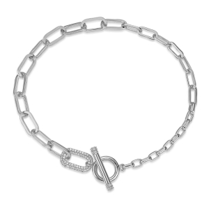 PULSERA BLANCO ESLABON OVALADO, DETALLE UNO PAVE CIERRE CIRCULO BARRITA