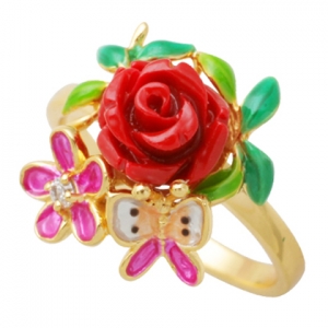 anillo rosa flor mariposa esmalte amarillo
