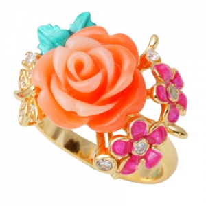 anillo rosa dos flores esmalte amarillo