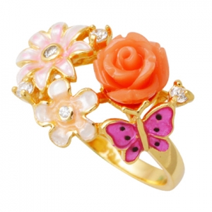 anillo rosa dos flores mariposa esmalte, amarillo
