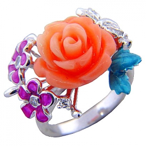 anillo rosa dos flores esmalte 