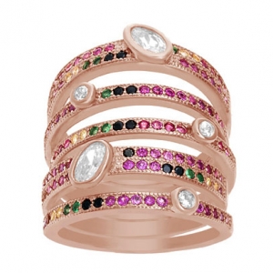 anillo ancho, 7 tiras, piedras multicolor, y piedras blancas rosado